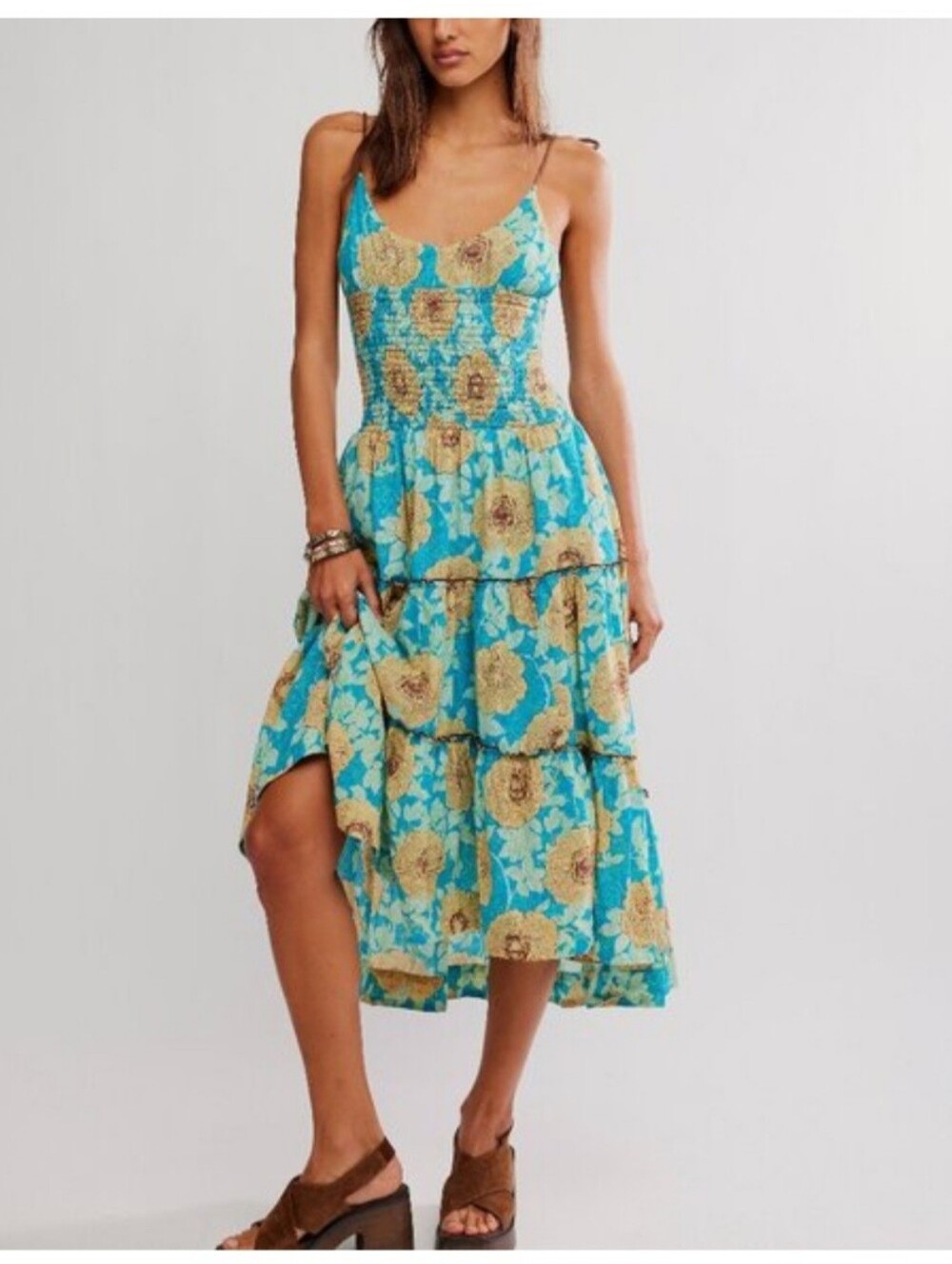 NWT Free People Hawaiian Ocean Combo Blue Smocked Tiered Midi Dress Size M